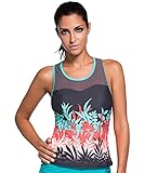Aleumdr Women's Colored Botanic Print Mesh Splice Tankini Top Large