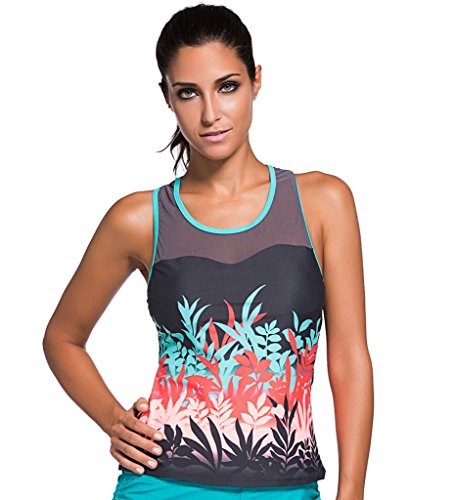 Aleumdr Women's Colored Botanic Print Mesh Splice Tankini Top Large Aleumdr Women's Colored Botanic Print Mesh Splice Tankini Top Large