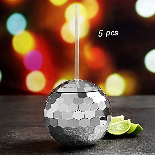 500-600ml Disco Ball Cocktail Cup Novelty Plastic Mirror Ball Style Mug with Lid and Straw Nightclub/Party/Judy Cup Multi-Color Optional（5 PCS）,Silver