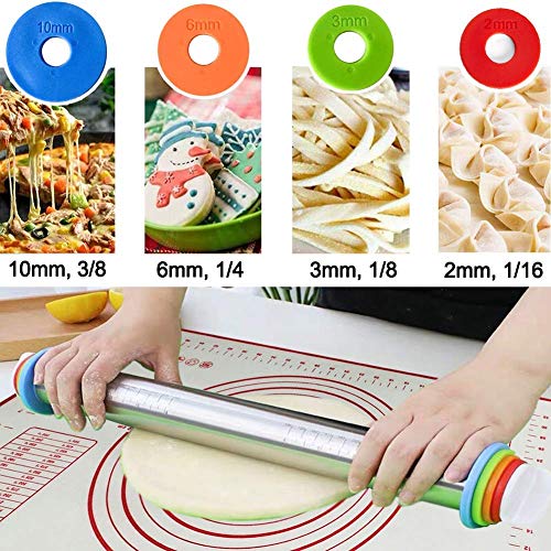 Silicone Baking Pastry Mat, Smooth Non Stick Stainless Steel Roller, Rolling Pins with Adjustable Thickness Rings, for Dough, Baking, Pizza, Pie, Pastries, Pasta and Cookies - Thumbnail 4