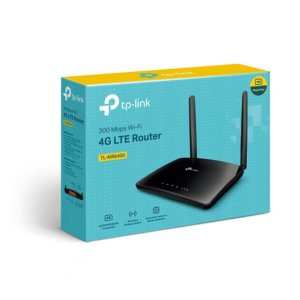 TP-Link TL-MR6400 4G LTE WiFi Router, SIM Card Slot, 4G Router, 4 LAN Ports, Up to 32 Devices, 2 Antennas, Plug&Play, Parental Controls, Home/Remote, QoS Priority, WAN Connection Backup