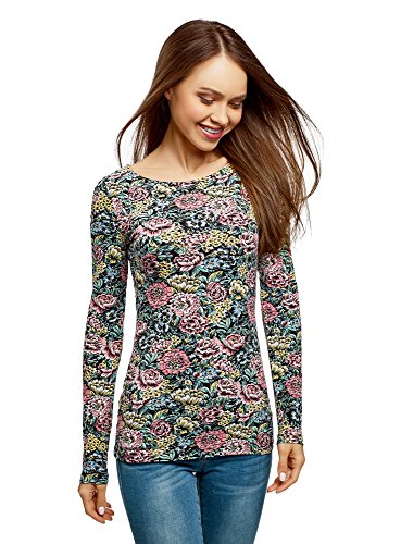 oodji Collection Women's Long Sleeve Cotton T-Shirt, Multicoloured, US 6 / EU 40 / M