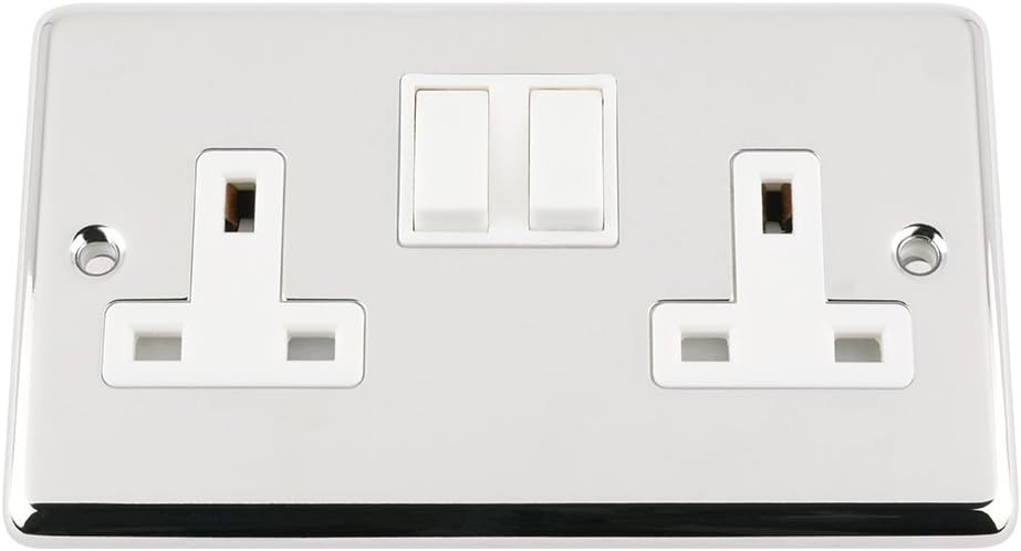 Socket 2 Gang - Polished Chrome - Classic - White Insert Plastic Switch - 13A Double Wall Plug Socket, Chrome Silver, Rectangle
