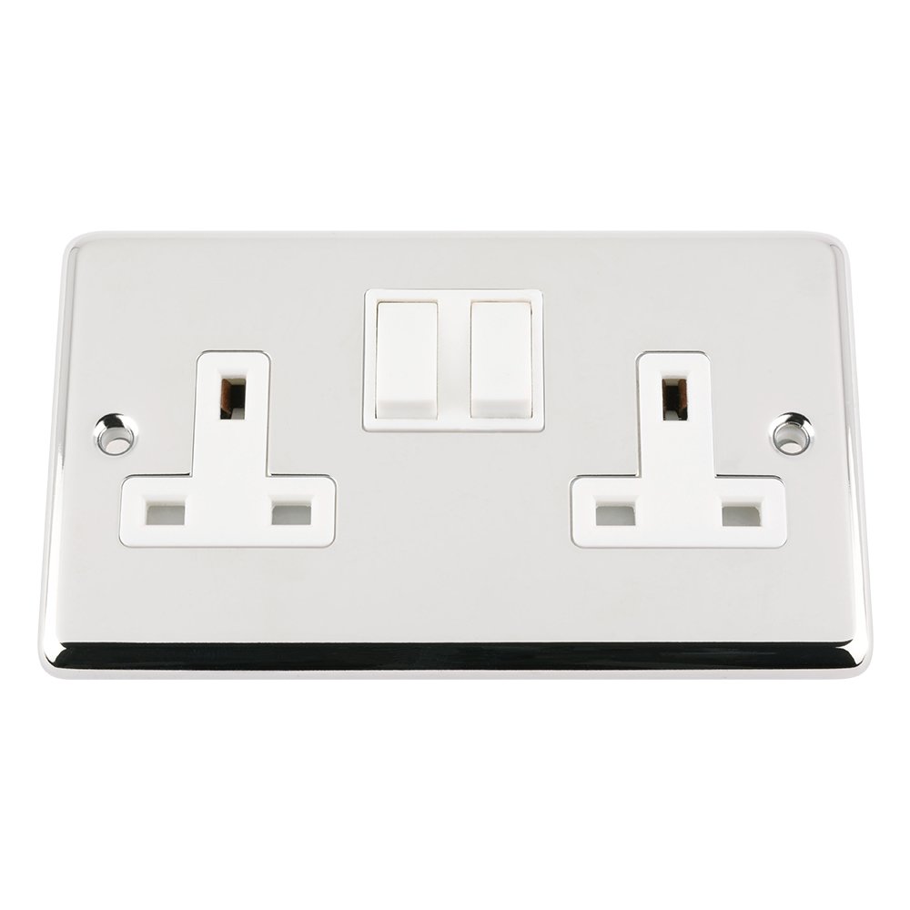 Socket 2 Gang - Polished Chrome - Classic - White Insert Plastic Switch - 13A Double Wall Plug Socket