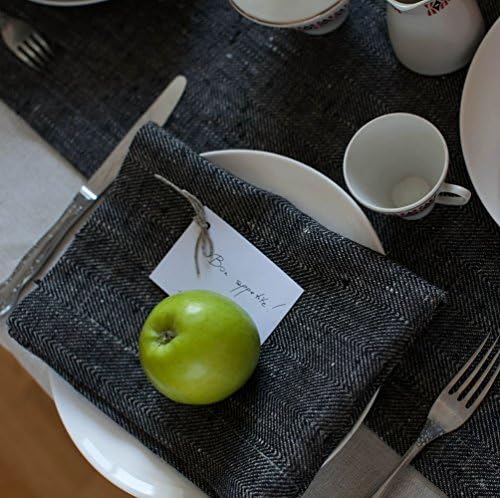 ThingStore Napkins (Set of 2) 100% Linen 15x18" Black Herringbone Authentic Handcrafted with Love