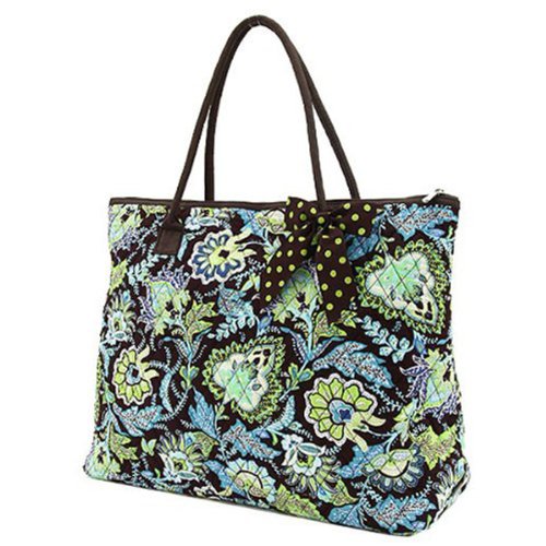 Belvah Quilted Floral Large Tote Bag (Brown/ Lime)
