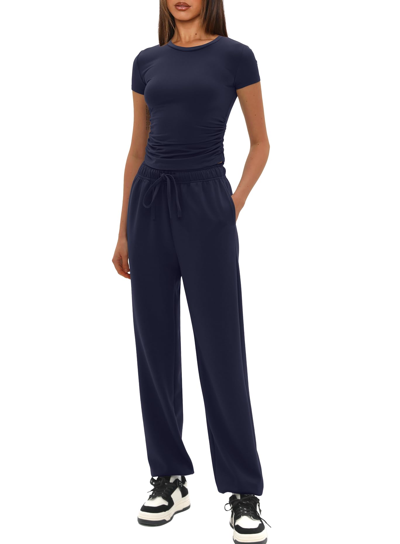Photo 1 of **MISSING BOTTOMS** Darong Pajama Sets for Women Short Sleeve Lounge Sets 2 Piece Loungewear Sleepwear with Long Joggers Pants 9086B Dark Blue S