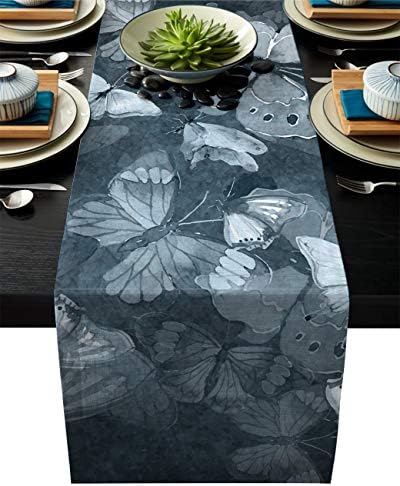 Olivefox Linen Burlap Table Runner 14x72 Inches Long, Hand Painted Dark Butterfly Grey Farmhouse Table Cloth Dresser Scarf for Holiday Parties, Dining Room, Home Kitchen, Wedding Decorations