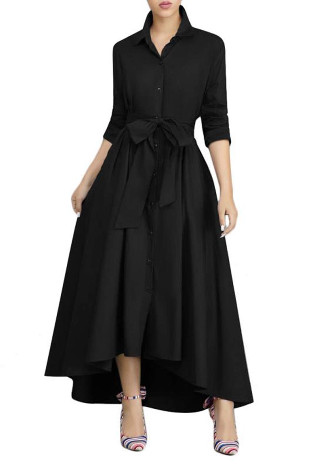 VERWINWomen Long Sleeve Loose Elegant Maxi Dress Button Down Up Shirt Long Dress with Pockets and Belts