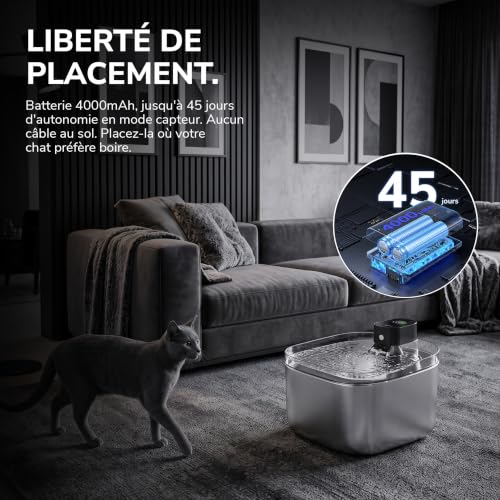 OXLY Stainless Steel 304 Wireless Cat Water Fountain – Ultra Quiet <20dB, 5.5L, 45 Days of Battery Life, LCD Display, UV-C Lamp, Motion Detector – Automatic Water Dispenser for Cats and Dogs