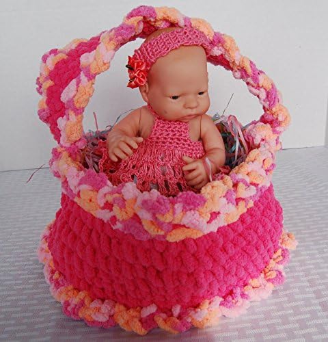 Easter Basket With Little 9" reborn doll, in Hot Pink Crochet Dress and Booties Washable and reuseable