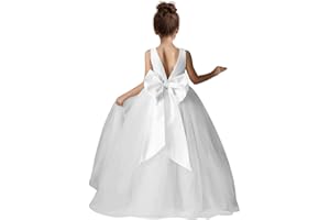 HEWEGO Flower Girls Dress for Wedding Satin Tulle Pageant Formal Communion Dress Pearls Prom Ball Gown with Bow-Knot