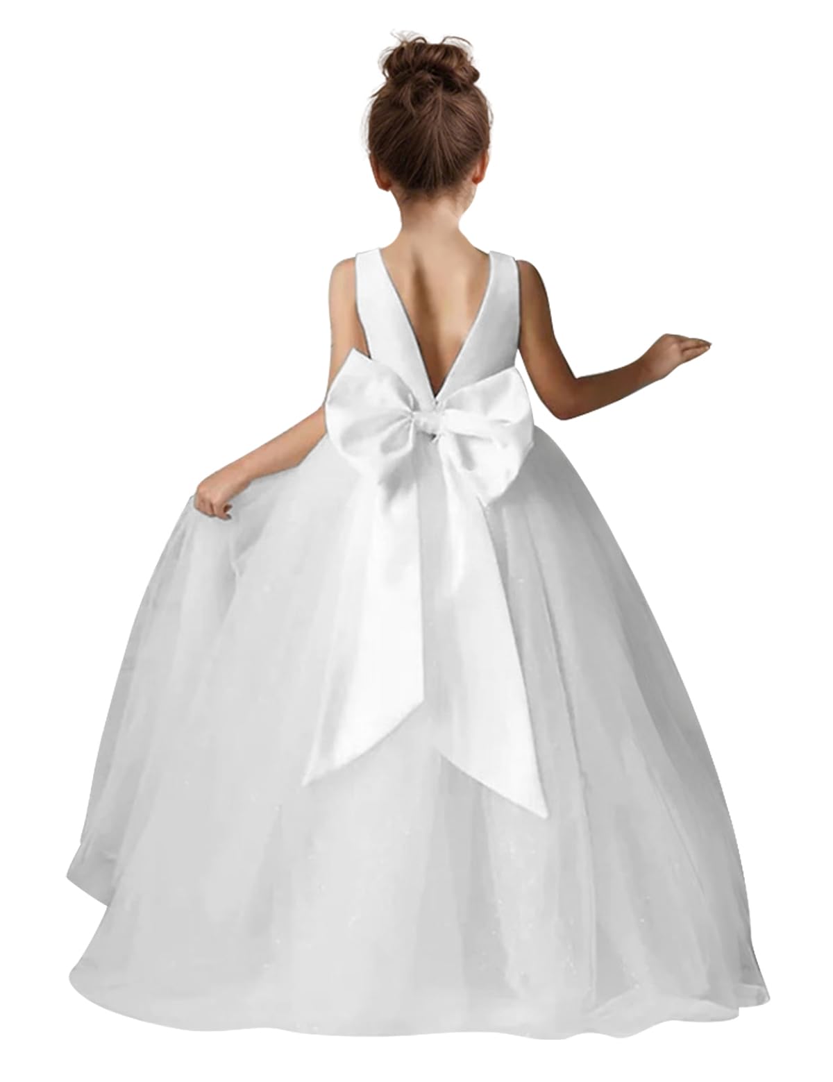 Photo 1 of HEWEGO Elegant Satin Tulle Flower Girls Dresses for Wedding V-Back Junior Bridesmaid Dress Girls Ball Gown for First Communion White Size 14