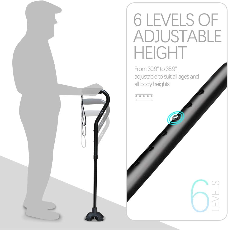 KingGear Adjustable Cane for Men & Women - Lightweight & Sturdy Offset Walking Stick - Mobility Aid for Elderly, Seniors & Handicap (Black): Health & Personal Care