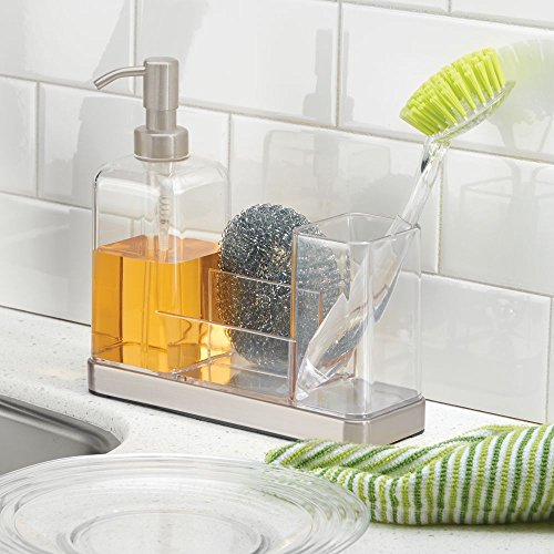 InterDesign Pump Kitchen Sink or Countertop â€“ Satin/Clear Forma 2 Soap & Brush Caddy