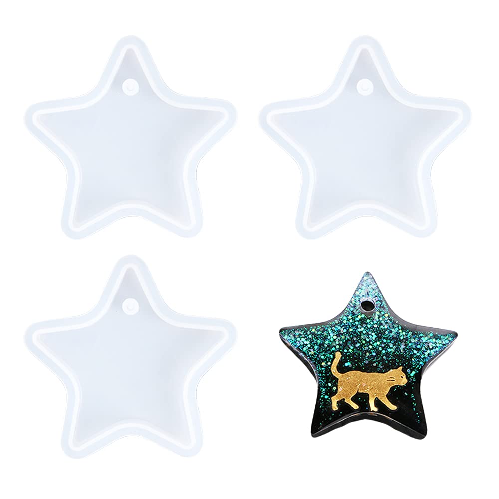 Nifocc Star Shape Keychain Silicone Mold Pentagram Charms Epoxy Resin Molds Ornament Casting Molds with Hole for DIY Crafts Making Wall Hanging Home Decor - 3 Pcs