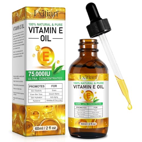 Pure Vitamin E, 100% Natural Vitamin E Oil for Skin, Organic Vitamin E Oil 75,000 IU, for Scars and Stretch Marks, Hydration of Dry Skin and Reduces Wrinkles, Firming Skin, 60 ml