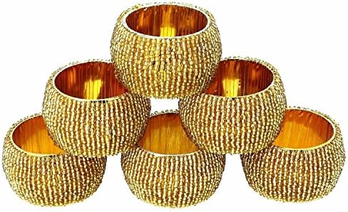 Avs Stores Set of 6 - Golden Beaded Napkin Ring Holder -Dia 1.5 inch, Birthday, Christmas, Any Occasion Gift