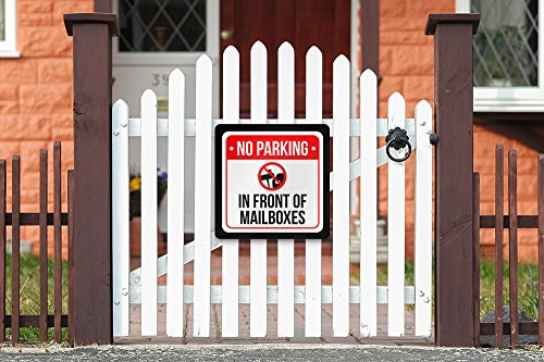 No Parking in Front of Mailboxes with Symbol Print Black, White and Red Plastic Square Sign - 1 Pack of Signs, 12x12