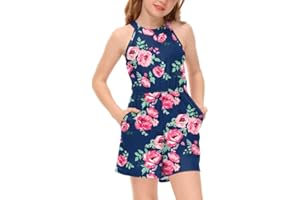 BesserBay Girls Summer Floral Halter Neck Sleeveless Jumpsuit with Side Pockets 5-14 Years