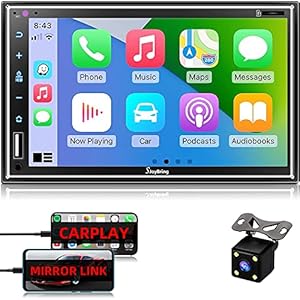 Car Stereo Compatible with Apple Carplay, Double Din 7″ Full Touch HD Capacitive Screen – Mirror Link, Bluetooth, Backup Camera, Steering Wheel Controls, Subwoofer, USB/SD Port, AM/FM Car Radio