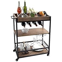 NSdirect Kitchen Cart,Industrial Kitchen Bar&Serving Cart Rolling Utility Storage Cart with 3-Tier Shelves,Metal Wine Rack Storage and Glass Bottle Holder,Removable Wood Box Container,Brown