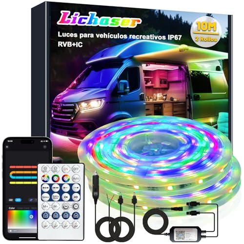 Lichaser RV LED Strip Lights Waterproof 12V IP67 RGB+IC with APP and Remote Control Interior Outdoor Lighting for Awning RV Camper Van (10M)