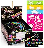 Creative Lily Scratch Art Notes 125 Count with 2 Wooden Stylus Pens and 4 Stencils - Rainbow Colored Mini Notepapers - Creative Fun for Kids and Adults