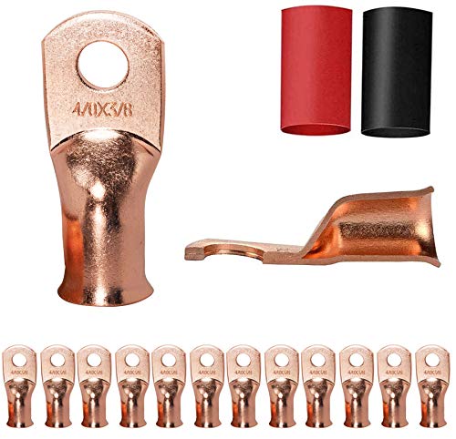 Photo 1 of 12PCS 4/0x3/8 Copper Ring Terminal Connectors 4/0 AWG Heavy Duty Battery Cable Ends Bare Copper Lugs with 12 PCS 3:1 Heat Shrink Tubing for Vehicle Boat Marine Use