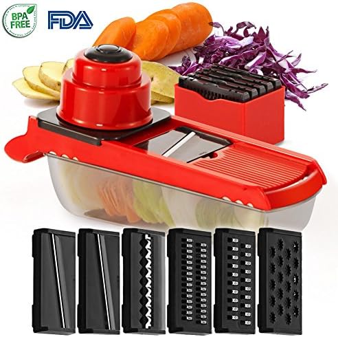 Mandoline Slicer - Kitchen Vegetable Slicer with 6 Interchangeable Stainless Steel Blades Food Fruit Julienne Slicer Cutter Chopper Grater Dishwasher Safe for Potatos Onions Zuchinni French Fries