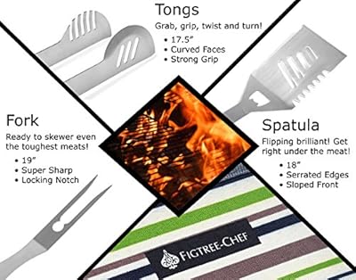 FIGTREE-CHEF 3-piece Stainless Steel BBQ Grill Tools Set FP-BT0137-15 in zip-up storage case - IDEAL CHRISTMAS GIFT for men - perfect for birthdays - weddings - Valentine's Day