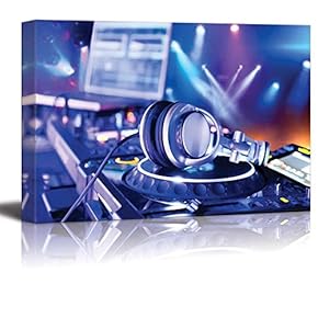 Dj Mixer with Headphones at Nightclub Wall Decor Wood Framed