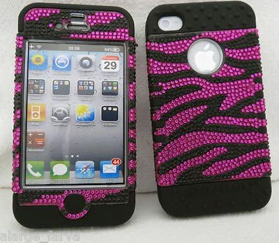 iPhone 4 4S Case ishield Hybrid Pink &amp; Black Zebra Bling Rhinestones Black Silic