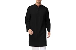 LVCBL Men's Kaftan Robe Long Sleeve Linen Thob Side Split Button Down Thobe Long Tunic Shirts