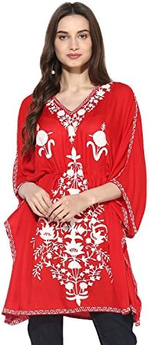 CRAFTBAZARWomen's Boho Embroidered Red Kaftan Top (Free Size)