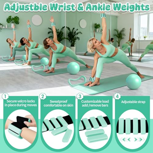 Kit Pilates en Casa Completo para Mujer, Incluye Aro Pilates de 14", Pelota de Pilates, Bandas Elásticas Musculación, Gomas Elásticas, Pesos de Muñeca Ajustables, Ideal para en Casa