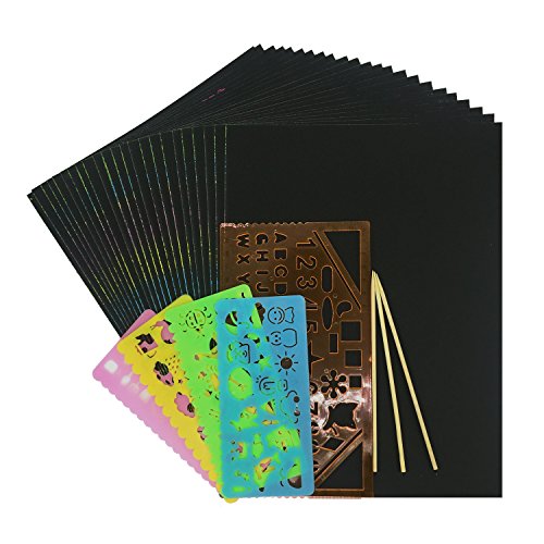 Wartoon 30 Sheets 21 cm x 28 cm Rainbow Scratch Art Paper Magic Painting Papers Scratch Boards with 3 Pieces Wooden Stylus Sticks 4 + 1 Drawing Rulers