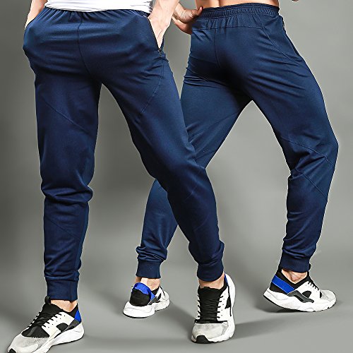Gerlobal Mens Joggers Pants Active Casual Gym Workout Running Sweatpants With Zipper Pockets Blue,Small