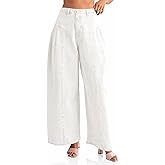 PLNOTME Womens Baggy High Waisted Jeans Loose Boyfriend Wide Leg Side Pleated Denim Pants