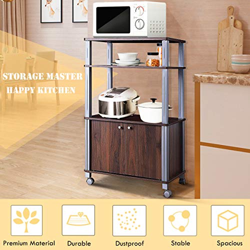 FDInspiration Walnut 23.5''L Rolling Multi-Functional Microwave Stand Cabinet Storage Display Bakers Rack Cart with Ebook