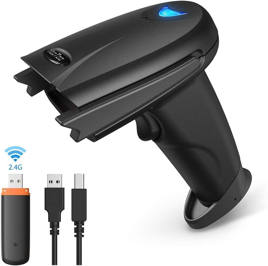 HooToo Barcode Scanner 2.4Ghz Wireless and Wired 2 in 1 Handheld Bar Code Scanners USB 1D Automatic Barcode Reader with 32-bit Decoder,for Retail, Inventory Management, Compatible with Common Systems