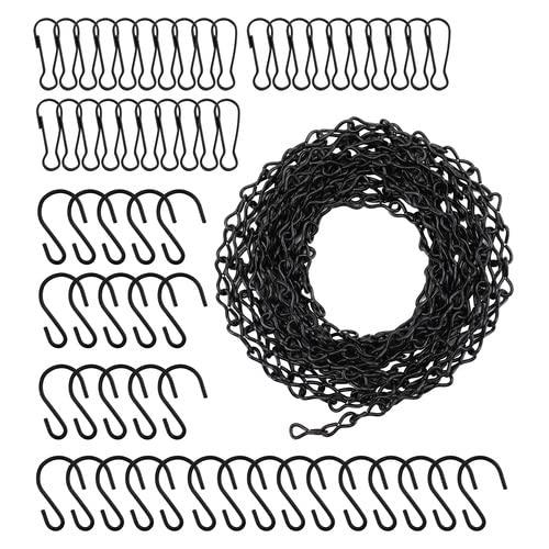 Suwimut Hanging Chains, Black Metal with 30 S Hooks and Clips for Bird Feeders, Planters, Billboards, Chalkboards, Wind Chimes, Lanterns, Outdoor Indoor Use