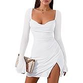 GOBLES Women's Sexy Flounce Sheer Sleeves Draped Neck Mesh Side Split Mini Party Dresses