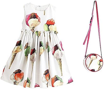 NYCMIRABELLE Toddler Girls Dress with Bag Flowers Print Kids Clothes for Girls Princess 2-8Y (120,Ice Cream)