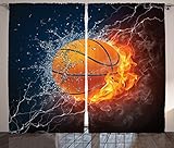 Ambesonne Sports Decor Collection, Basketball Ball on Fire and Water Flame Splashing Thunder Lightning Image, Living Room Bedroom Curtain 2 Panels Set, 108 X 84 Inches, Navy Blue Orange White