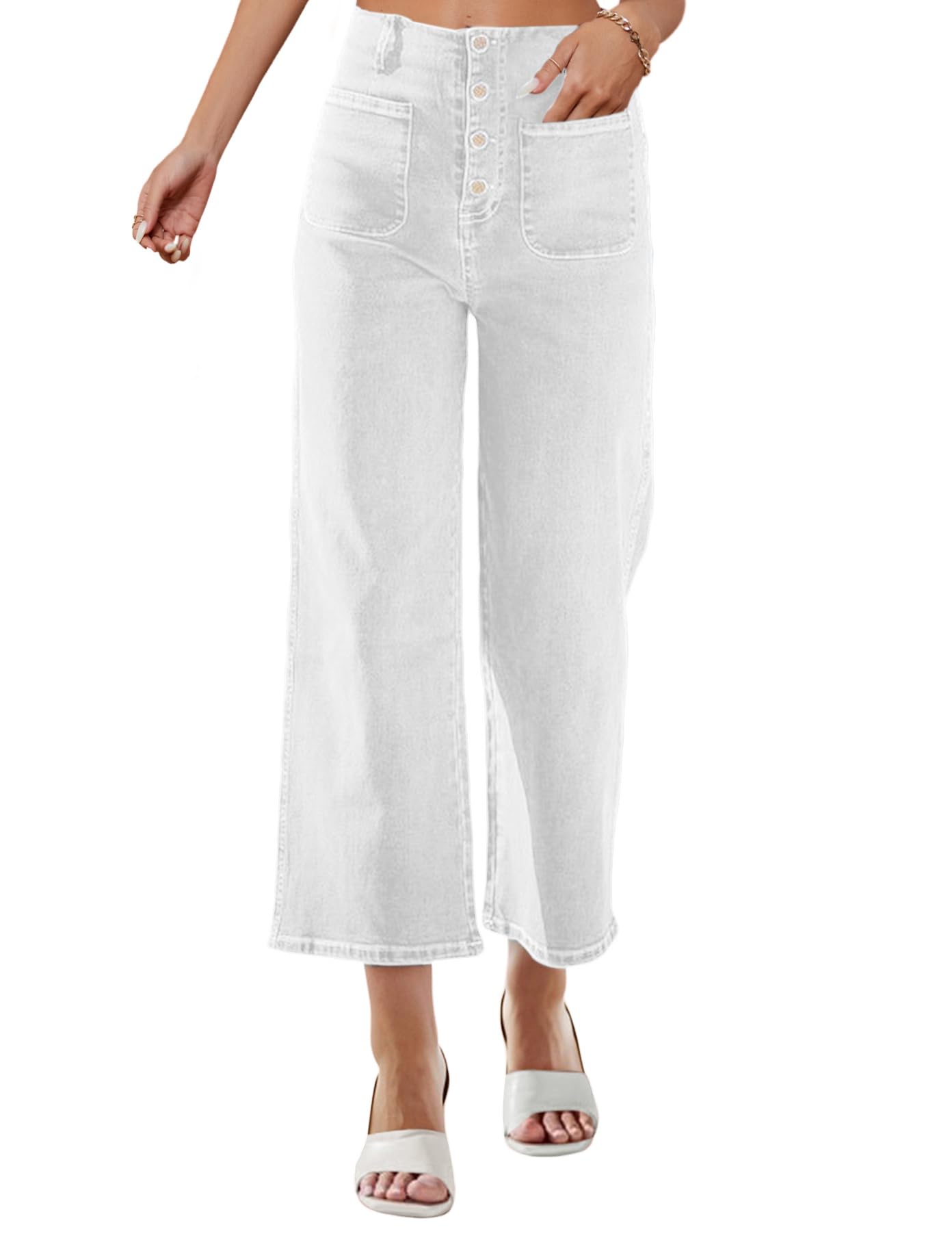 Photo 1 of (BAGGED) (USED/FAIR) Omoone Wide Leg Jeans for Women High Waisted Stretchy Straight Leg Cropped Denim Pants Buttoned Baggy with Patch Pockets(White-6)
