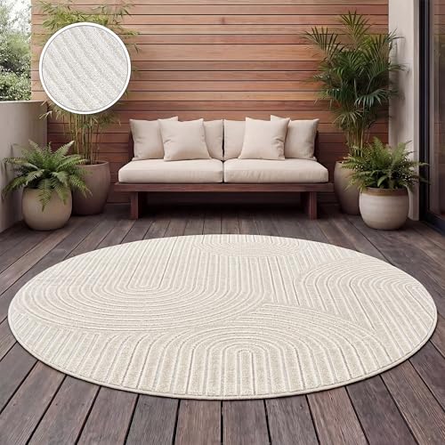 Paco Home Teppich Outdoor Wetterfest, Moderne abstrakte Boho Designs mit 3D Struktur, Pflegeleicht, ideal für Terrasse Wohnzimmer & Küche Beige Creme,