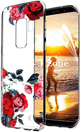 OKZone Case for Galaxy S9 Plus Case [with HD Screen Protector], [Flowers Design] Colorful Floral Pattern Printed Shockproof Clear Soft Flexible TPU Protective Case For Galaxy S9 Plus(Red)