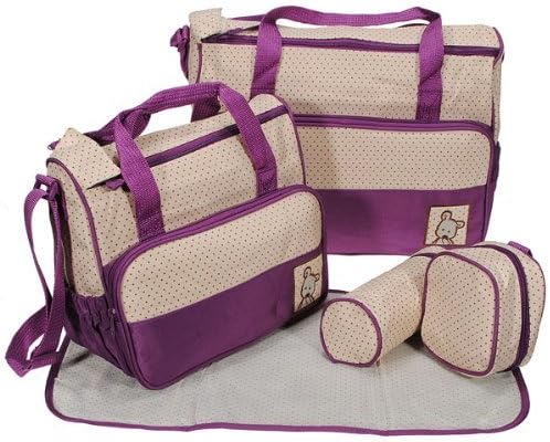 TechnoTec® 5pcs Multi-Function Baby Diaper Nappy Bag/Mummy Changing Set Handbag, Large Bag, Small Bag, Feeding Bottle Holder, Small Food Bag,Diaper Pad + Free Baby Blanket. (Purple)