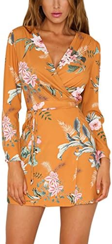 Siyinfushi Women Print Long Sleeve Sexy Deep V-neck Casual Summer Mini Dress (L, 05-Juse)